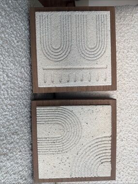 Mid-Century Sand Tile Wall Art Pair - Textured Cream & Walnut